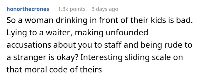 Comment discussing an entitled lady expecting a solo traveler to stop drinking alcohol around her children.