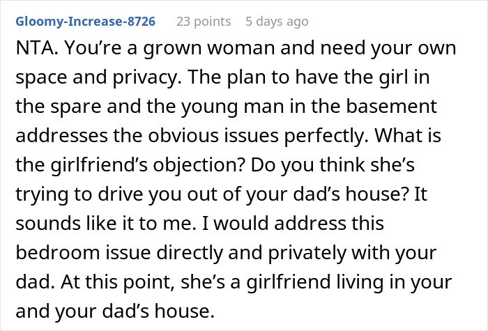 Screenshot of an online comment discussing a 22YO confronting dad about his girlfriend wanting her to live with a 10YO.