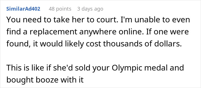 Comment discussing woman learning sister&rsquo;s friends drank her irreplaceable champagne and the emotional impact.