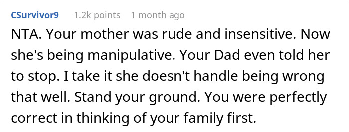 Reddit comment explaining a mother-in-law&rsquo;s manipulative behavior after controversial pregnancy remarks.