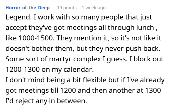 Workplace chat discussing experiences with boss demands for meetings during lunch breaks and the need for sacrifices. Workplace chat discussing experiences with boss demands for meetings during lunch breaks and the need for sacrifices.