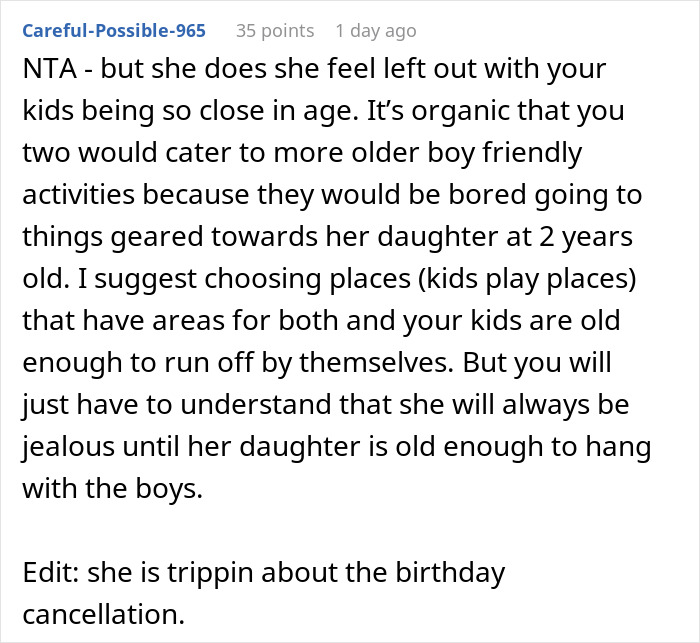Comment discussing a friend wanting a kid&rsquo;s party canceled to attend her kid&rsquo;s party and related social dynamics.