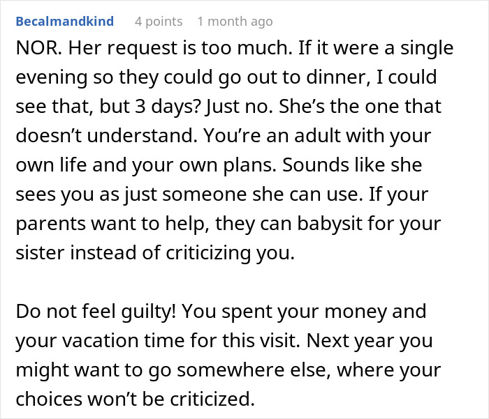 Comment discussing sister expecting babysitting three days a week during lady&rsquo;s family visit after a year.