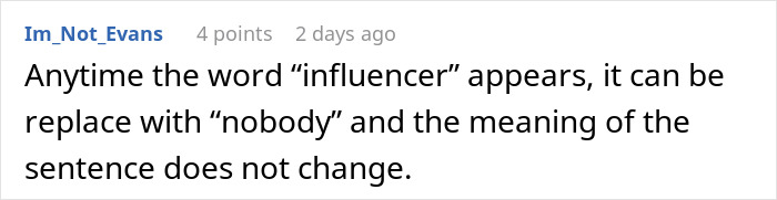 Screenshot of a Reddit comment discussing the term influencer and its interchangeable meaning with nobody in conversation.