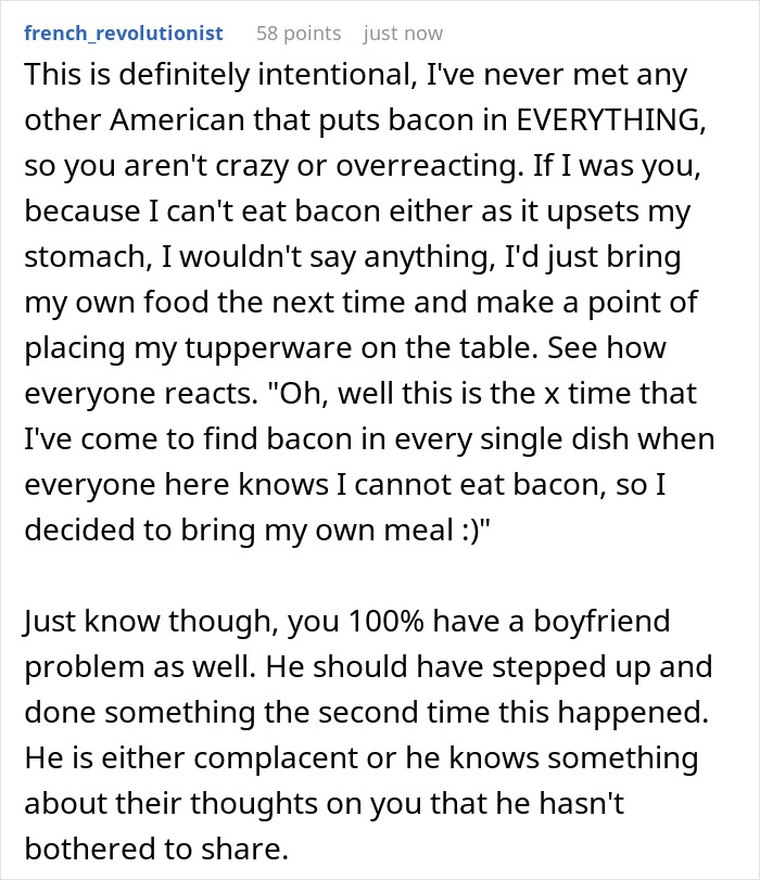 Comment discussing dealing with a boyfriend's family that puts bacon in everything despite dietary restrictions and cultural differences.
