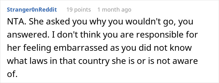 Reddit comment discussing a woman being blunt about why she can’t travel with her friend and causing embarrassment. Reddit comment discussing a woman being blunt about why she can’t travel with her friend and causing embarrassment.