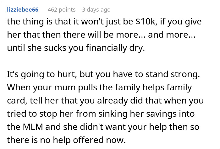 Comment discussing drama ensues after bride splurges her $25K savings and expects sister to fund her wedding.