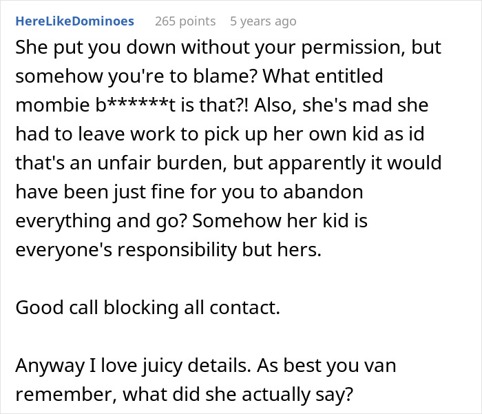 Comment discussing woman listed as emergency contact who refuses to pick up kid, highlighting unfair burden and blocking contact.