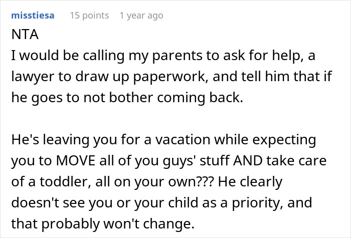 ALT text: Husband leaves moving house responsibilities and toddler care to wife while he travels on vacation