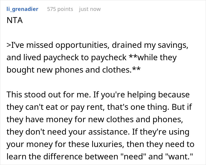 Reddit comment discussing a teacher paying family&rsquo;s bills and being called selfish for stopping financial support.