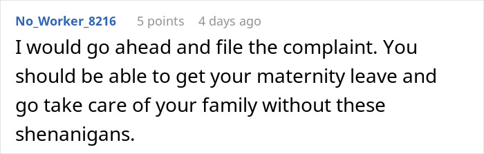 Comment advising to file a complaint to secure maternity leave and protect family rights against unfair treatment.