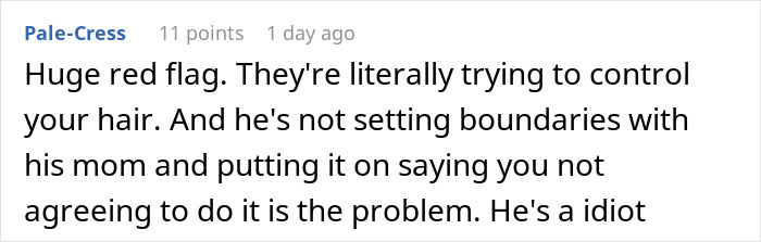 Screenshot of an online comment discussing a woman who refuses to cut her hair for her boyfriend&rsquo;s mom&rsquo;s party.