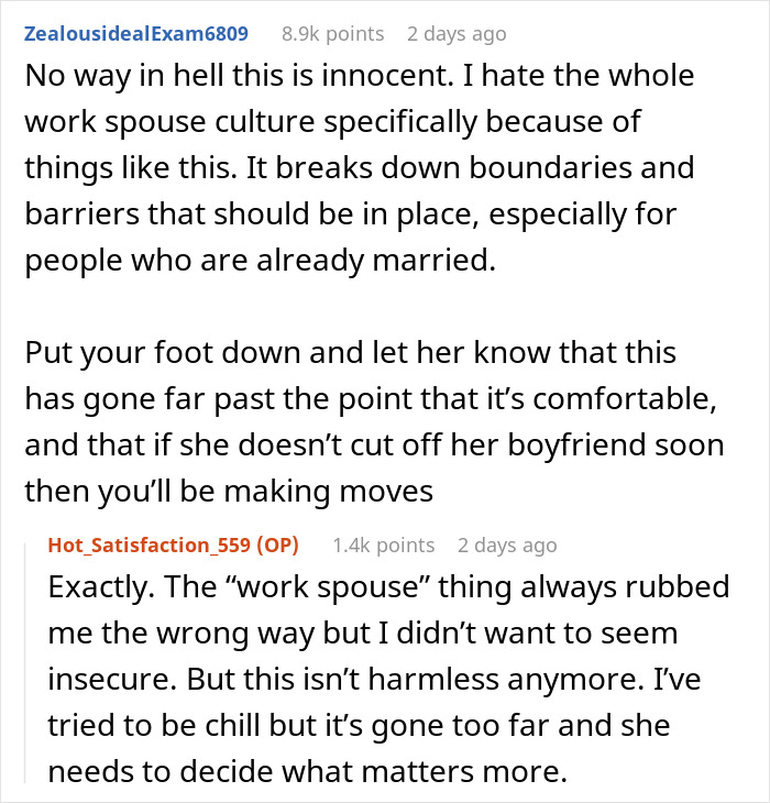 Screenshot of a Reddit discussion about refusing to let a wife's work husband join their family vacation over boundary concerns.
