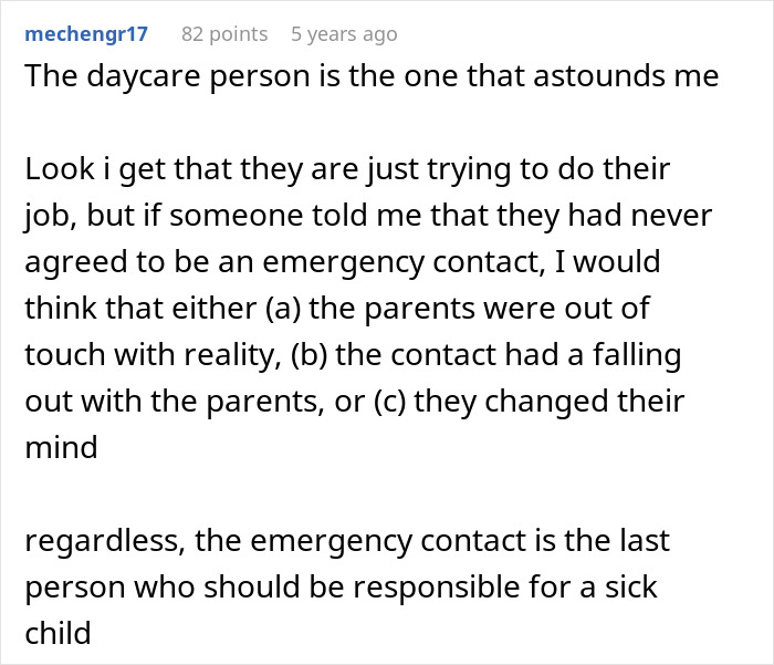 Comment discussing a woman listed as emergency contact who refuses to pick up a sick child at daycare.