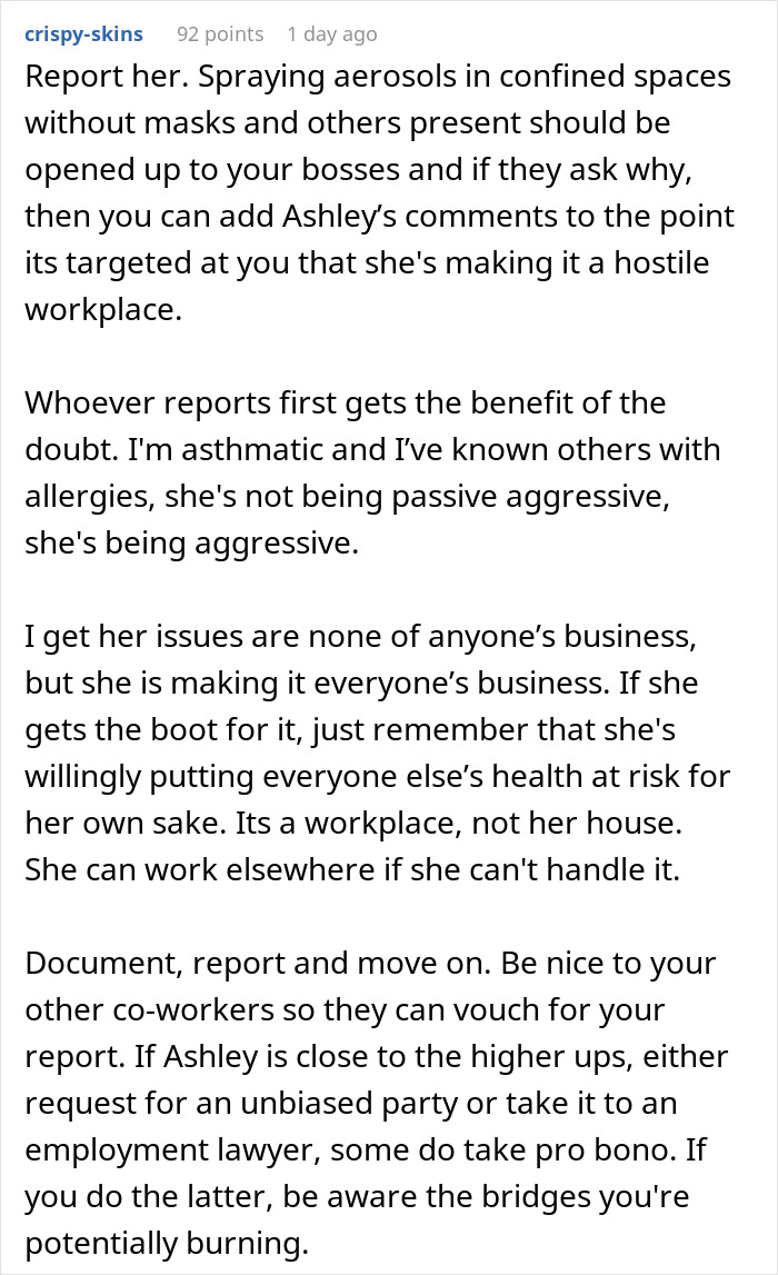 Comment on coworker saying woman&rsquo;s lunch smells too real and advice to report for a hostile workplace.