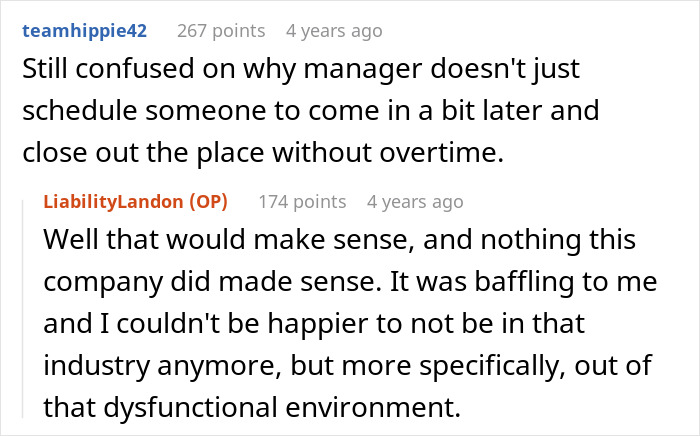 Screenshot of a Reddit conversation about sticking to a schedule and managing lateness in a dysfunctional work environment.