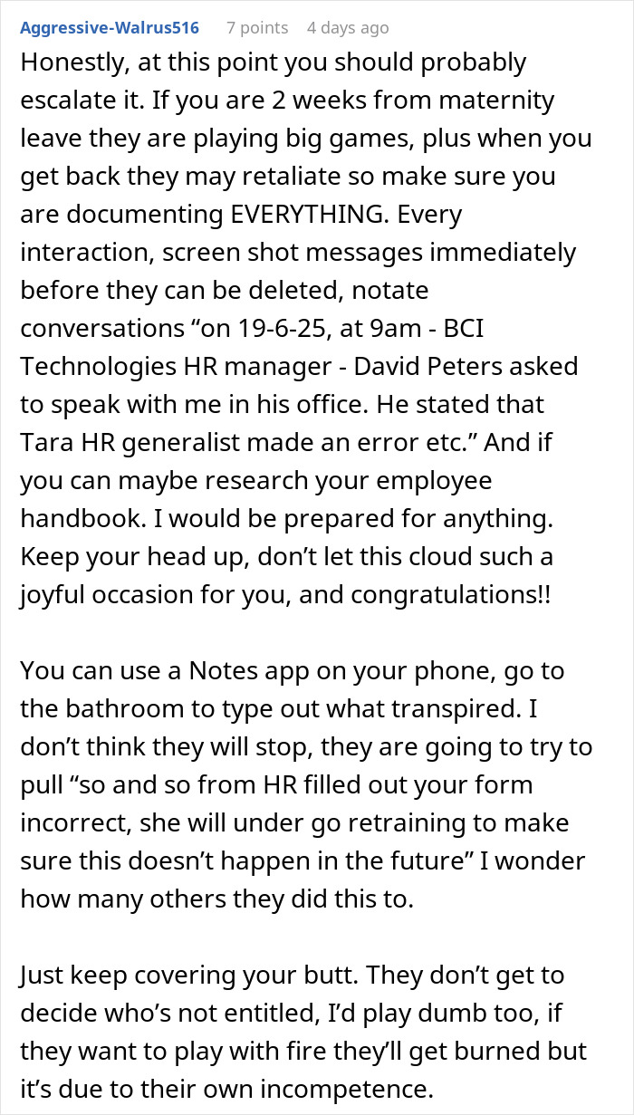 Online comment advising pregnant woman to document everything after company denies maternity leave eligibility.