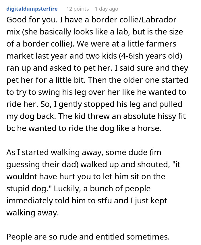 Parents throw tantrum when kids are stopped from riding a dog, showing entitlement and rude behavior in public.