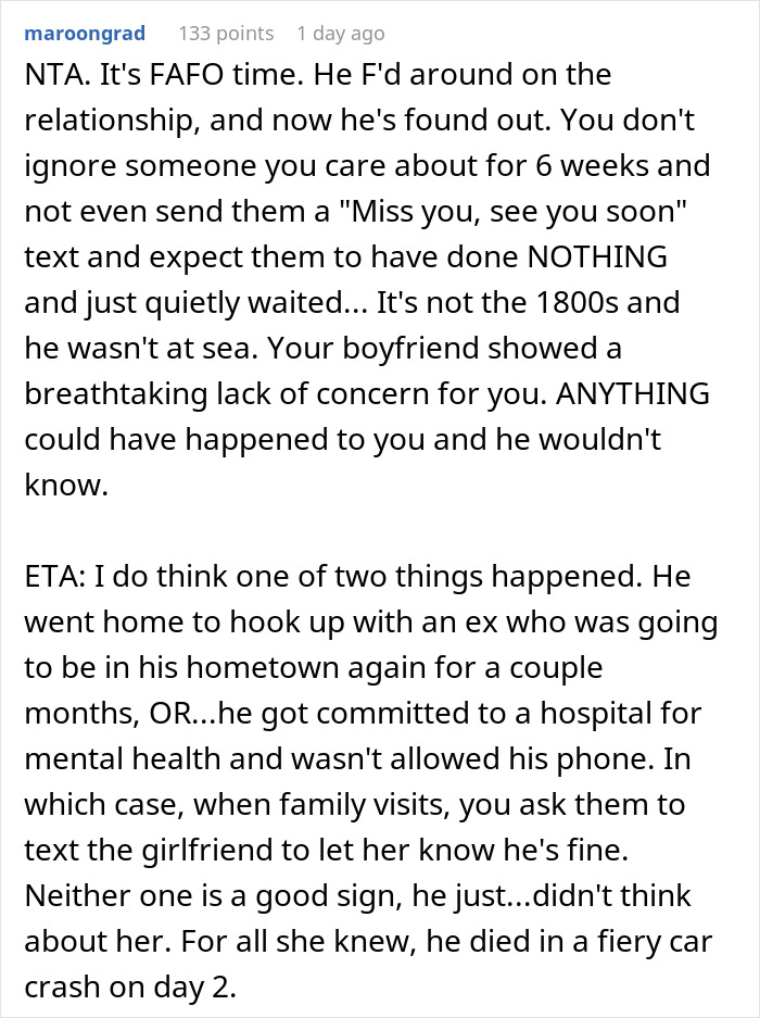 Text post discussing a man who disappears for weeks and the partner adopts a dog despite his allergy.