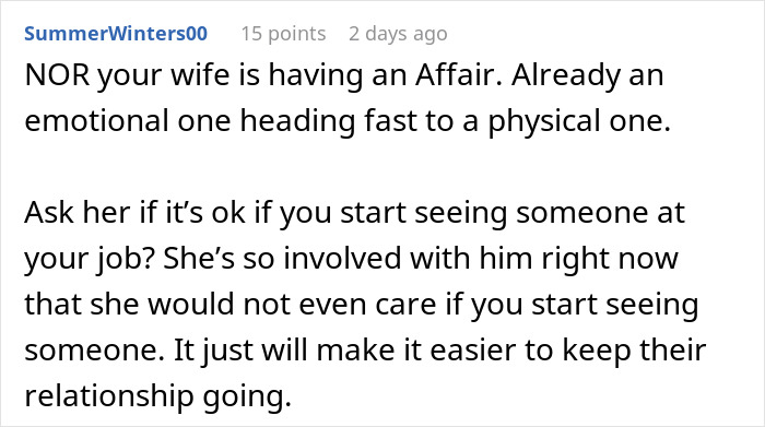 Comment discussing concerns about a wife's work husband and refusing to include him on a family vacation.