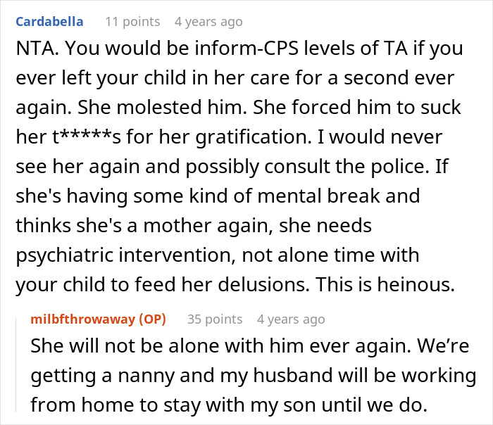 Reddit conversation discussing mother-in-law caught trying to breastfeed baby, causing mom to be furious and concerned.