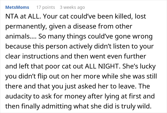 Screenshot of a text comment discussing refusing to pay a cat-sitter who neglected the cat overnight.