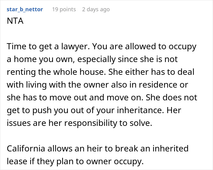 Comment on tenant and man inherits house dispute, discussing legal rights and lease termination in California.