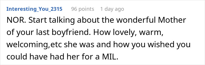 Screenshot of an online comment where a woman is compared to a boyfriend&rsquo;s classy ex by his mother, causing shock.