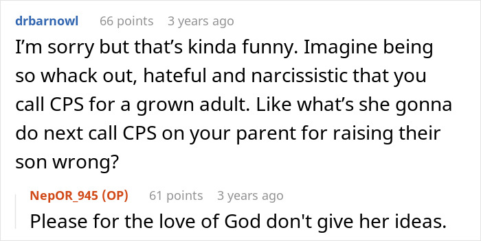 Screenshot of a Reddit conversation discussing a woman calling CPS on daughter&rsquo;s ex-husband over child tattoo issue.