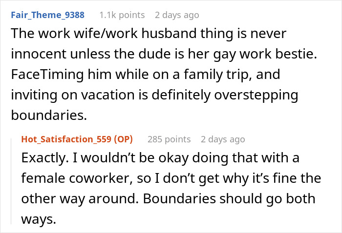 ALT text: Online discussion about refusing to let wife's work husband join family vacation and setting clear relationship boundaries