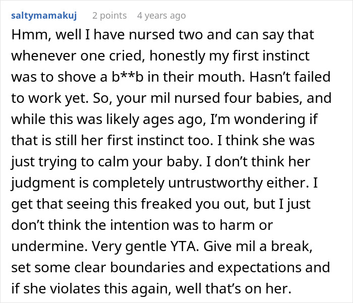 Comment discussing a mother-in-law caught trying to breastfeed a baby she was watching while the mom was furious.