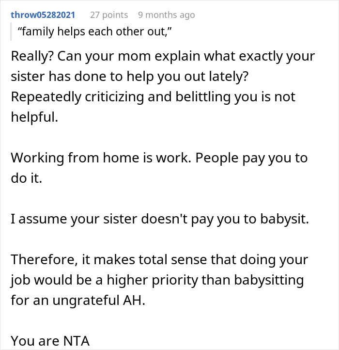 Comment discussing babysitting as real work and criticizing sister for belittling the job and quitting babysitting.