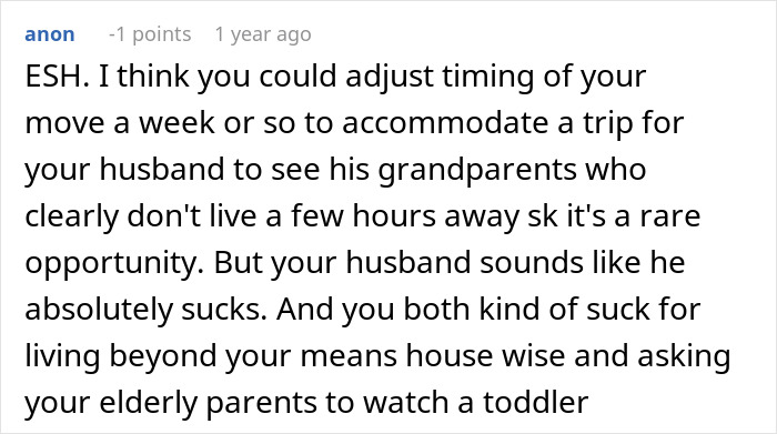 Comment discussing a married couple moving houses with the husband leaving responsibilities for the wife while he travels.