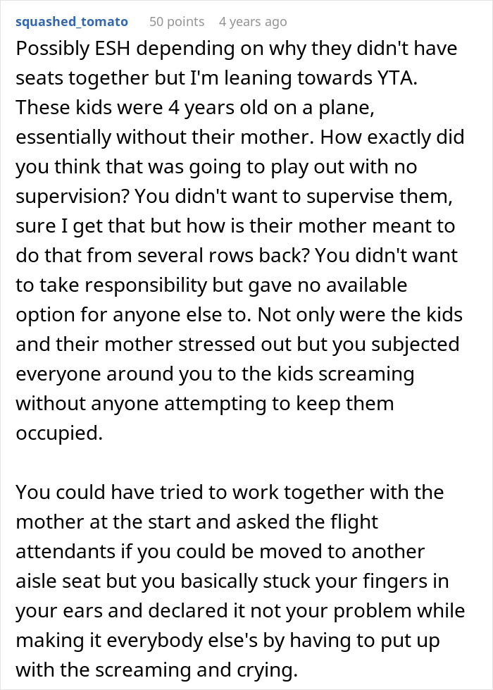 Reddit comment discussing responsibility and supervision issues related to not switching seats with a mother on an airplane.