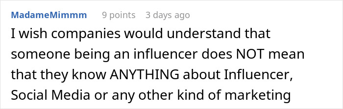 Comment discussing influencer marketing misconceptions, highlighting lack of real knowledge despite influencer status.