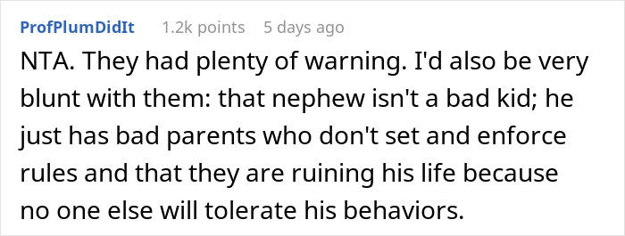 Screenshot of a Reddit comment discussing babysitting chaos caused by a nephew with bad behavior and parental issues. Screenshot of a Reddit comment discussing babysitting chaos caused by a nephew with bad behavior and parental issues.