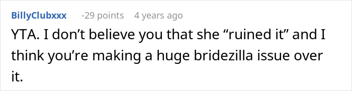 Comment text on a white background discussing a woman baffled after her wedding dress was ruined by her mother-in-law demanding to try it on.