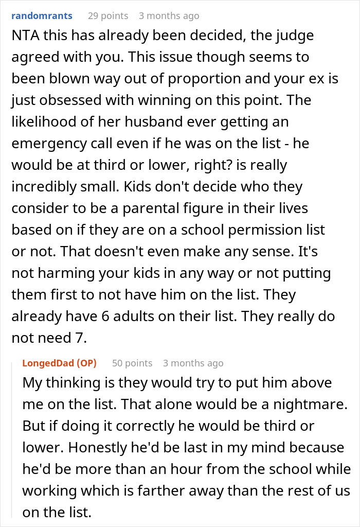Reddit conversation about an active dad feeling sidelined by ex&rsquo;s new husband trying to impact his parental role.