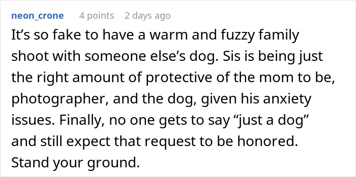 Alt text: User explains refusing to lend dog for sister’s maternity shoot due to dog's anxiety and protective reasons in family debate. Alt text: User explains refusing to lend dog for sister’s maternity shoot due to dog's anxiety and protective reasons in family debate.