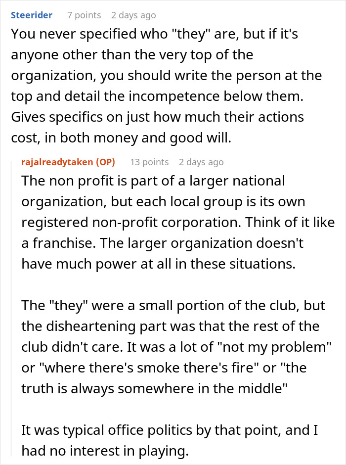 Reddit conversation discussing non-profit employee issues and the challenges of local group independence within larger organizations.