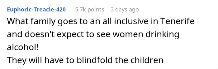 Screenshot of a social media comment about an entitled lady expecting a solo traveler to stop drinking alcohol around her kids.