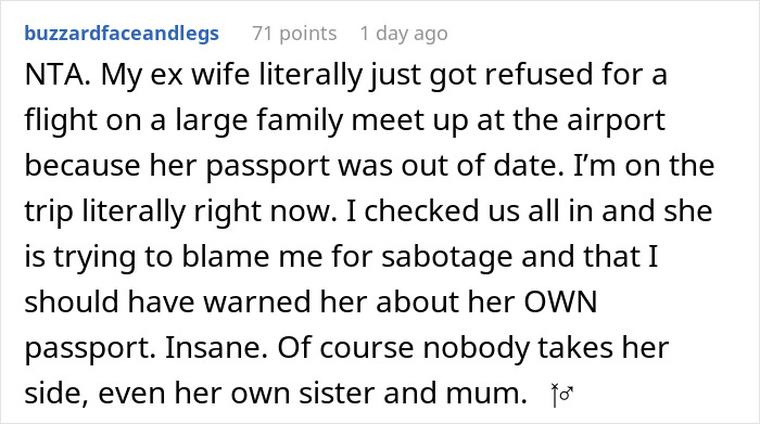 Screenshot of a Reddit comment discussing an ex-wife&rsquo;s expired passport causing her to be stranded at the airport.