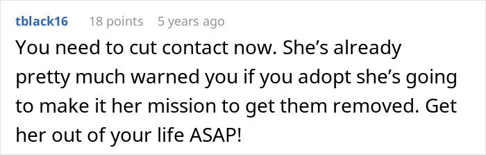 Screenshot of an online comment advising to cut contact immediately due to child protective services concerns. Screenshot of an online comment advising to cut contact immediately due to child protective services concerns.