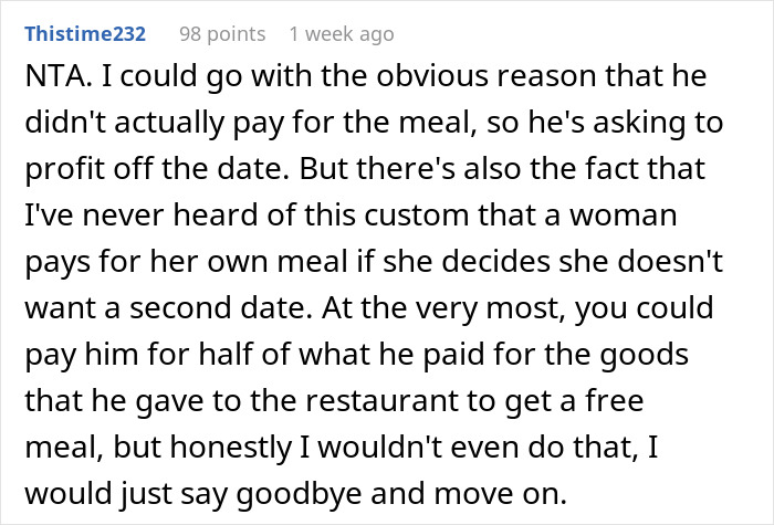 Comment discussing woman telling guy no spark after first date and him demanding payment for free meal. Comment discussing woman telling guy no spark after first date and him demanding payment for free meal.