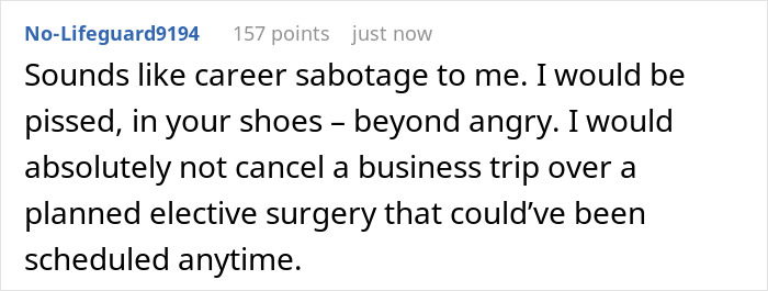 Screenshot of a comment criticizing a husband demanding wife cancel plans over hair transplant surgery.