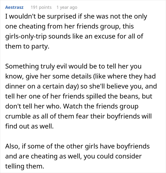 Comment discussing cheating friends group and the impact of a private investigator&rsquo;s findings on relationships.