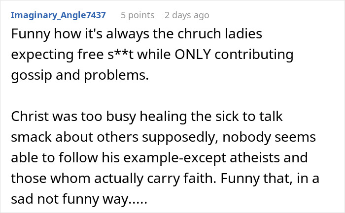 Screenshot of a Reddit comment criticizing church members demanding free work from freelancers who work from home.