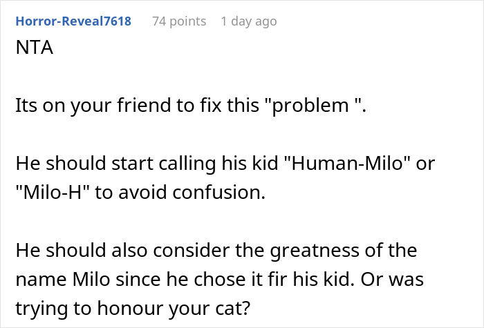 Comment discussing a friend who claims the cat name for their newborn, suggesting name confusion solutions. Comment discussing a friend who claims the cat name for their newborn, suggesting name confusion solutions.