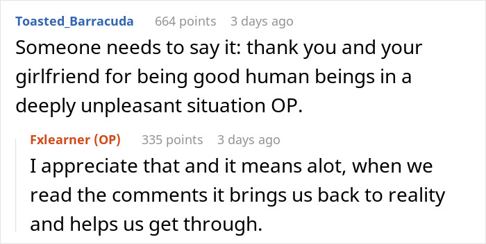 Reddit comments showing appreciation for kindness in a difficult situation involving poor parenting and babysitting issues.
