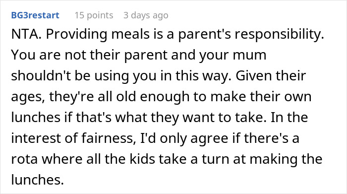 Comment explaining mom guilt-trips son over making lunch only for himself, emphasizing parental responsibility and fairness.